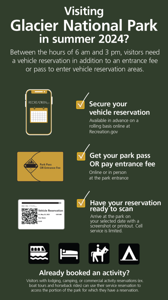 Glacier National Park Vehicle Reservation System. Know before you go when you'll be able to access the Going To The Sun Road.