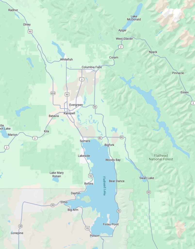 Map of glacier whitefish and Bigfork. The beauty of Glacier National Park awaits your arrival when you plan your next Montana Vacation. Whitefish Glacier Vacations offers the best lodging in Flathead Valley. From down Whitefish townhomes, to condos on Big Mountain and cabins inside Glacier National Park, the perfect property is just a click away.